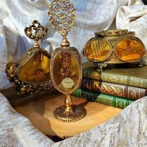 Vintage Guildcrest 24kt Gold-Plated Ormolu Amber Perfume Bottles/Casket Set